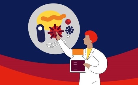 illustration of a scientist pointing to a slide of microbiota