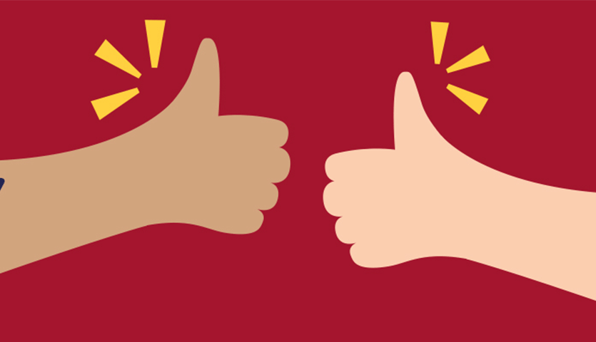 illustration of two arms giving a thumbs up, they each have a tattoo on the arm of a heart with an arrow through it