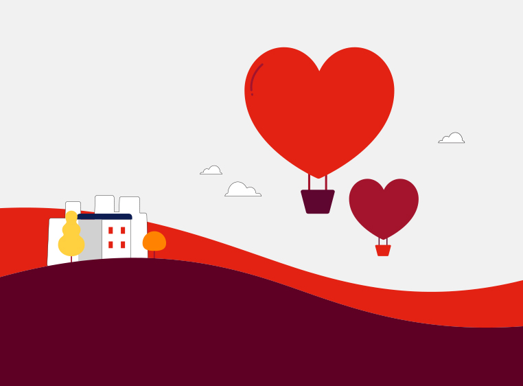 illustration of a stylised landscape with buildings visible in the background, two hot air balloons are floating with red heart shaped balloons
