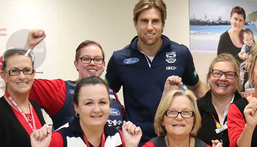 AFL player and recipient Tom Lonergan with donor staff