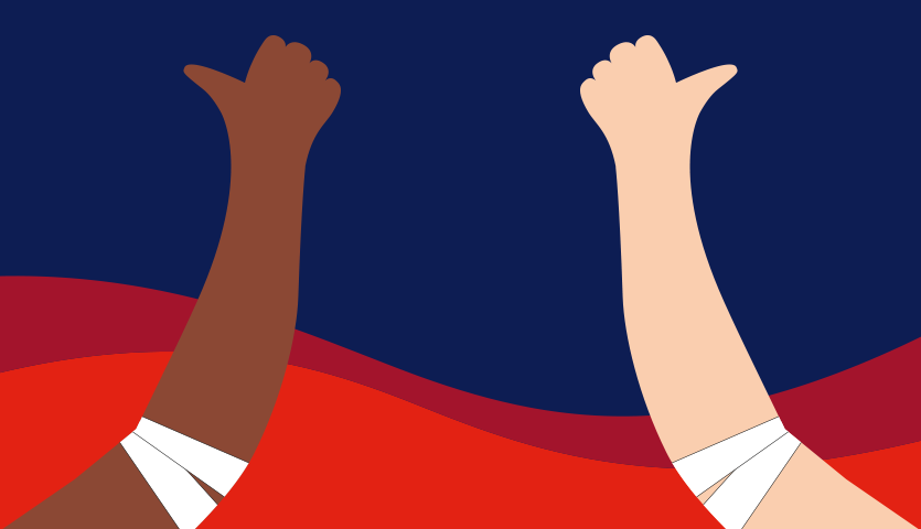 illustration of two arms with bandages around the elbows, the hands are making a thumbs up sign