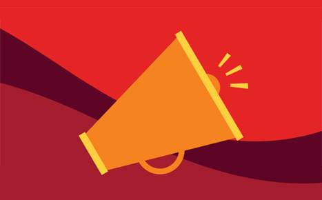 illustration of a megaphone on a background of three shades of red