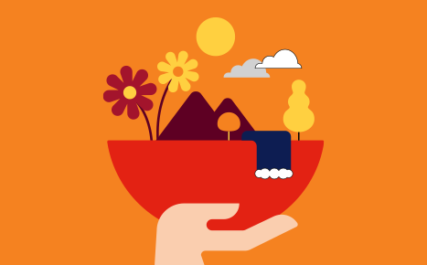 illustration of various environmental features including flowers, mountains, trees, clouds, the sun and a waterfall being held up by a hand