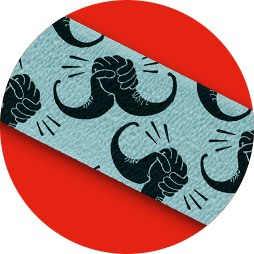 close up photograph of the Movember bandage design, it's a light blue background with two hands held together in a stylised moustache design