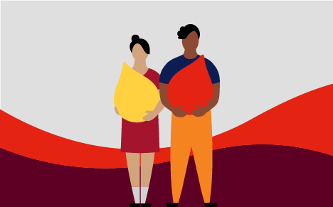 An illlustration of two people holding giant blood drops, against a ribbon device