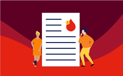 illustrations of two people standing next to a large sheet of paper with a red blood droplet on it