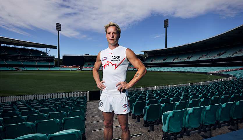 isaac henney wearing a white guernsey standing in the SCG