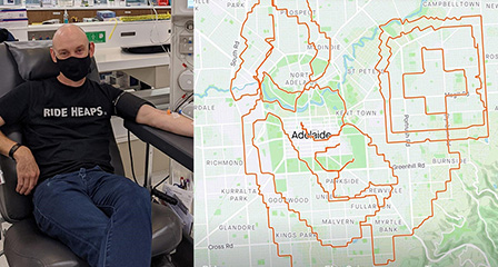 a man giving a donation and on the right side is a map of his biking trail