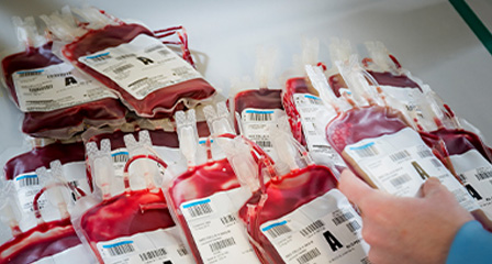 a group of blood donation bags with lables are being examined by a scientist