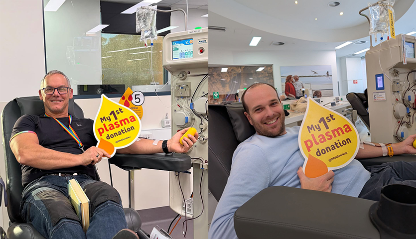 Two pictures of men donating plasma