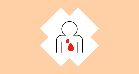 illustration of outline of person with two small red blood drops on chest