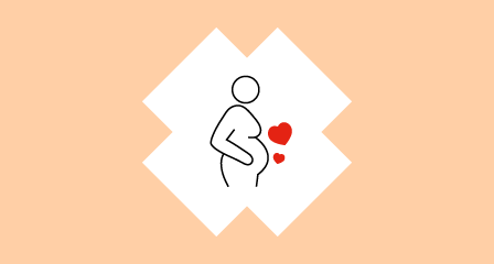 illustration of outline of pregnant woman with two small red hearts near her tummy