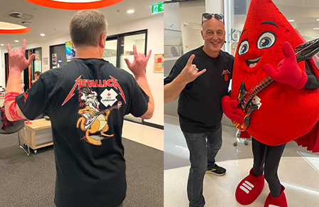 collage of blood donors wearing Metallica x Lifeblood t-shirts across donor centres in australia