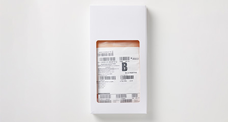 Image of a bag of cryodepleted plasma on a plain background