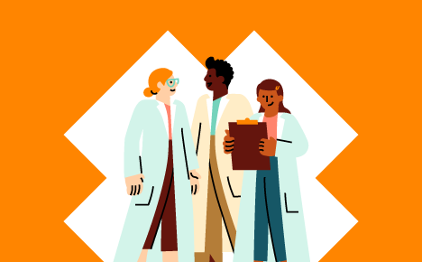 Three cartoon scientists standing together