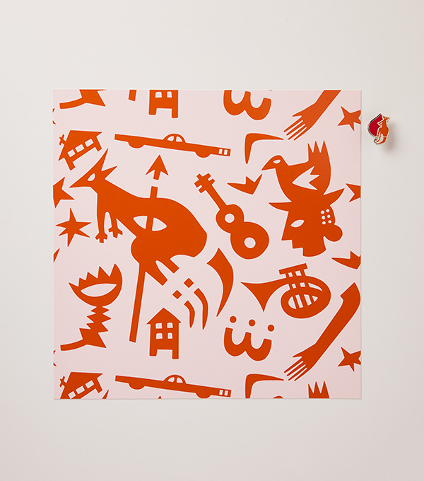 artwork of various motifs in orange on a light pink background