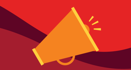 illustration of a megaphone on a background of three shades of red