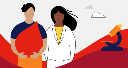 illustration of a donor holding a red blood droplet, standing next to them is a scientist in a white lab coat, in the background is a microscope