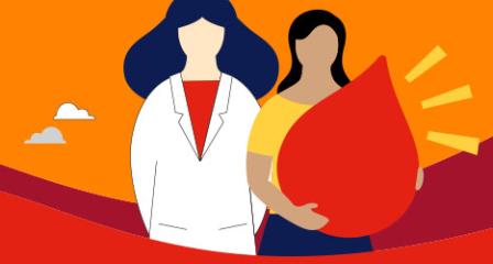 illustration of a scientist in a white lab coat standing alongside a woman holding a large red blood droplet