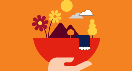 illustration of various environmental features including flowers, mountains, trees, clouds, the sun and a waterfall being held up by a hand