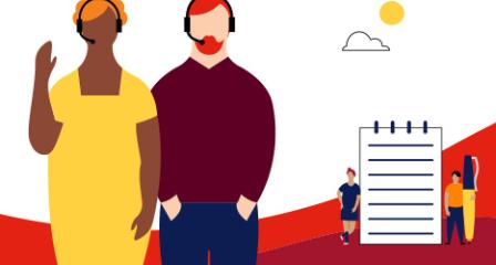 A lady and a man wearing a headset, the lady is waving 