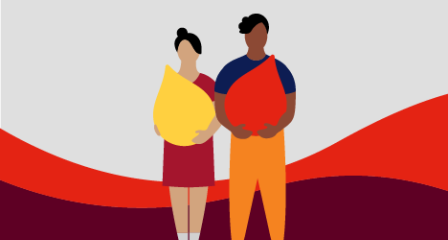 An illlustration of two people holding giant blood drops, against a ribbon device