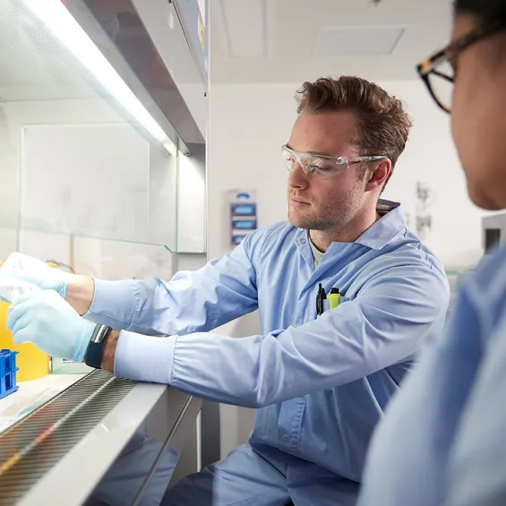 two scientists in a lab looking at a sample