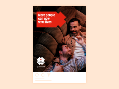 social tile saying more people can now save lives and two men smiling at each other on a brown couch