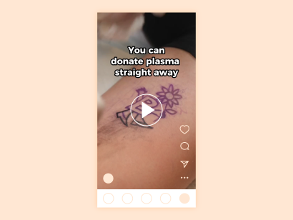image of a B+ tattoo on arm with text 'donate plasma straight away' and play button overlayed