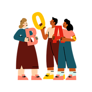 three people holding the letters B, O and A