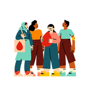 four people standing together with blood drop motif on a tote bag