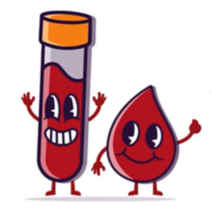 illustrations of a cartoon test tube and blood drop with smiley faces