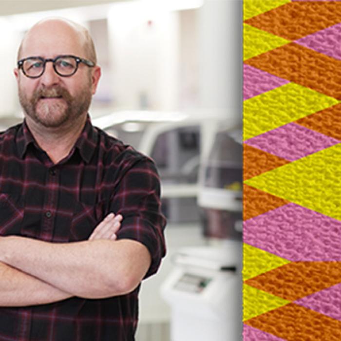 photo of artist Geoff Nees wearing the bandage he designed, on the right is a detail of the design with orange, yellow and pink geometric shapes