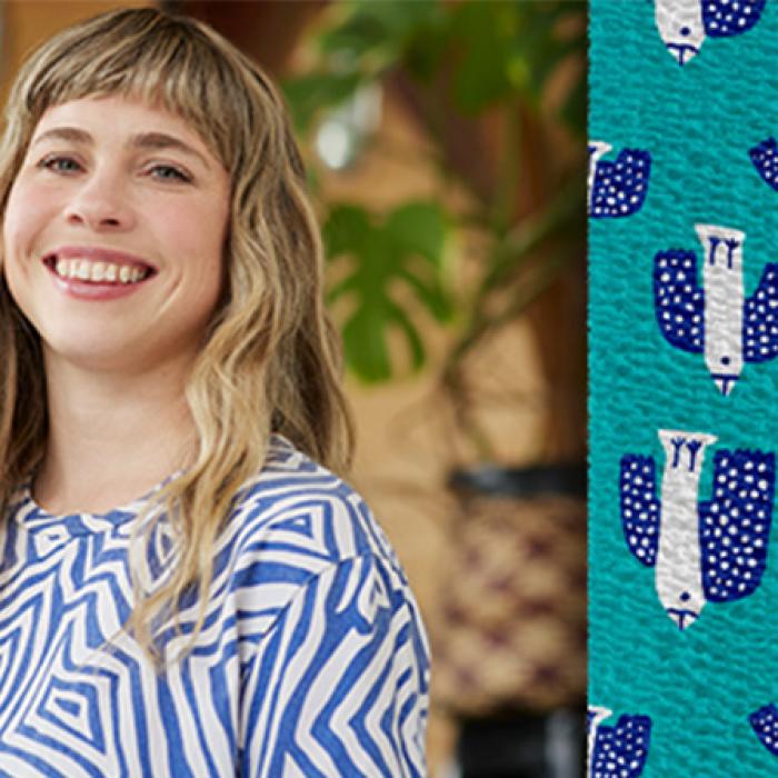 photo of designer min pin smiling at the camera on the left and her bandage design of a light green backround with blue birds on the right